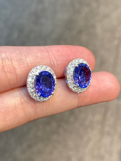 Natural Tanzanites 6.26ct Earrings Set With Natural Diamonds In 18K White Gold Gemstone Fine Jewellery Singapore