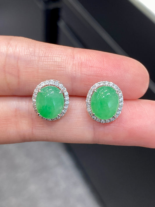 Natural Type A Jadeite Earrings set with 0.34ct Natural Diamonds In 18K White Gold Singapore Gemstone Fine Jewellery
