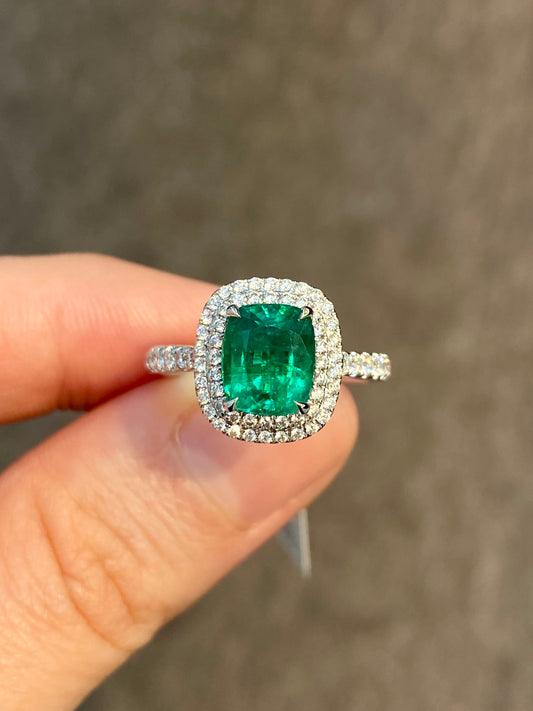 Natural Emerald 1.79ct Ring set with Natural Diamonds in 18K White Gold Singapore Gemstone Fine Jewelry