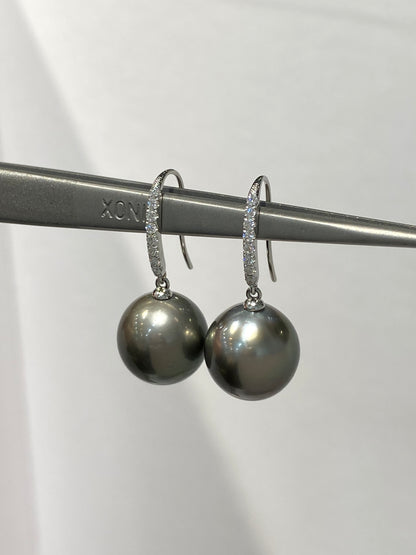 Tahitian Pearl Earrings Set With Natural Diamonds In 18K White Gold Singapore Gemstone Fine Jewellery