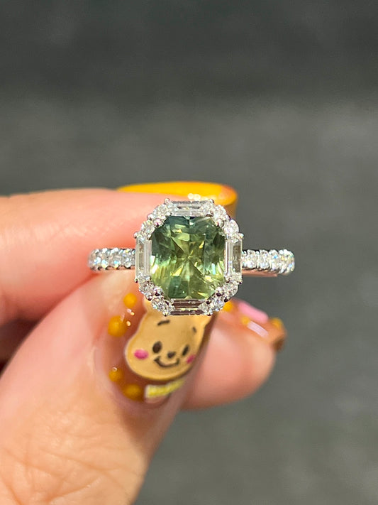 Natural Unheated Green Sapphire 2.12ct Ring Set With Natural Diamonds In 18K White Gold Gemstone Fine Jewellery Singapore