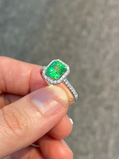 Natural Green Garnet Tsavorite 1.55ct Ring set with Natural Diamonds In 18K White Gold Singapore Gemstone Fine Jewelry