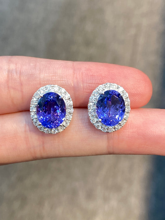 Natural Tanzanites 6.26ct Earrings Set With Natural Diamonds In 18K White Gold Gemstone Fine Jewellery Singapore
