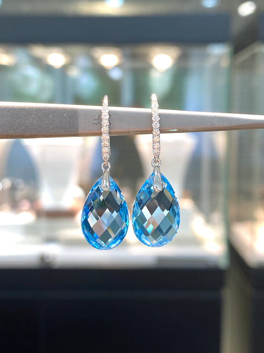 Natural Blue Topaz 16.83ct Earrings Set With Natural Diamonds In 18K White Gold Singapore Gemstone Fine Jewellery