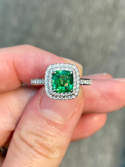 Natural Green Garnet Tsavorite 1.15ct Ring set with Natural Diamonds In 18K White Gold Singapore Gemstone Fine Jewelry