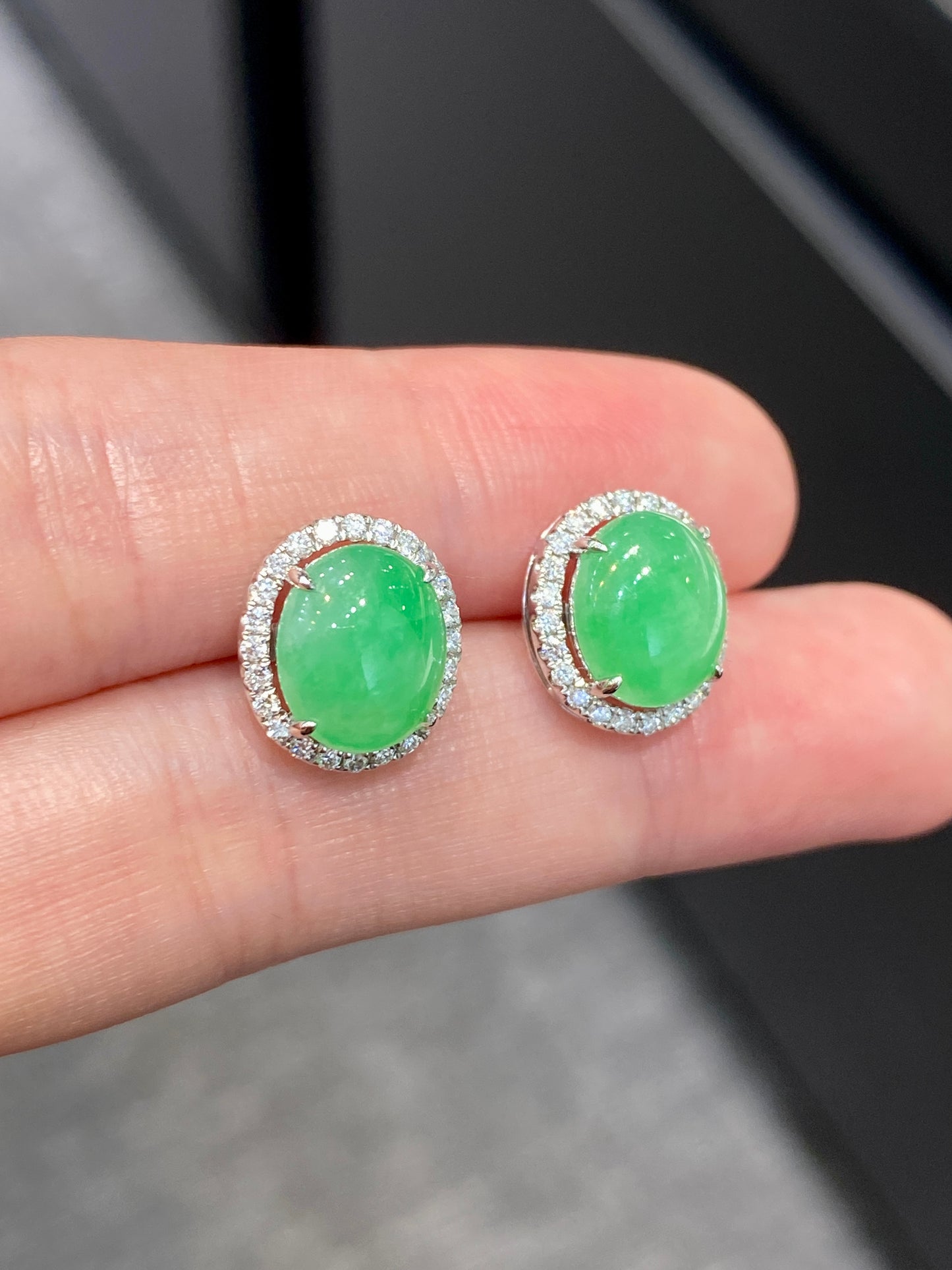 Natural Type A Jadeite Earrings set with 0.34ct Natural Diamonds In 18K White Gold Singapore Gemstone Fine Jewellery