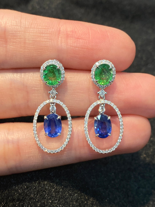 Blue Sapphire & Green Garnet Earrings Set With Natural Diamonds In 18K White Gold Singapore Gemstone Fine Jewellery