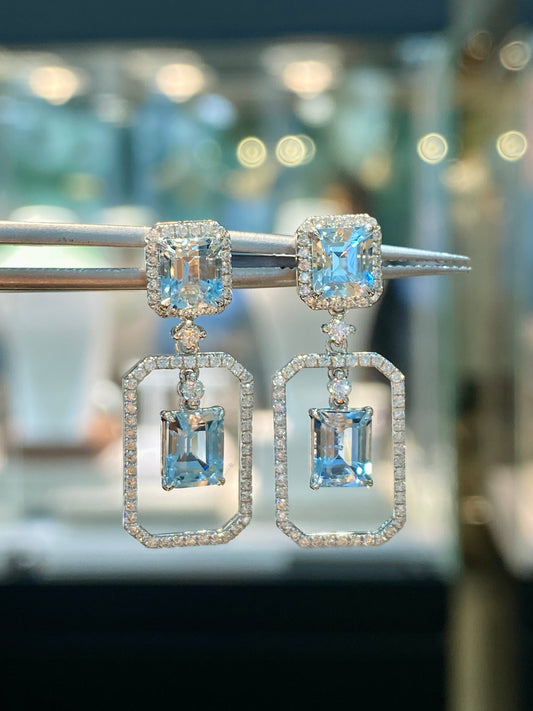 Natural Aquamarine Earrings 3.17ct Set With Natural Diamonds In 18K White Gold Singapore Gemstone Fine Jewellery