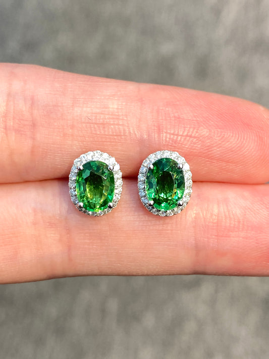 Natural Green Garnet (Tsavorite) 2.22ct Earrings Set With Natural Diamonds In 18K White Gold Gemstone Singapore Fine Jewellery