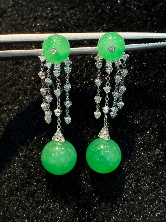 Natural Type A Jadeite Earrings set with Natural Diamonds in 18K White Gold Singapore Gemstone Fine Jewellery