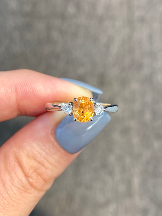 Natural Mandarin Garnet 1.31ct Ring Set With Natural Diamonds In 18K White Gold Singapore Gemstone Fine Jewelry