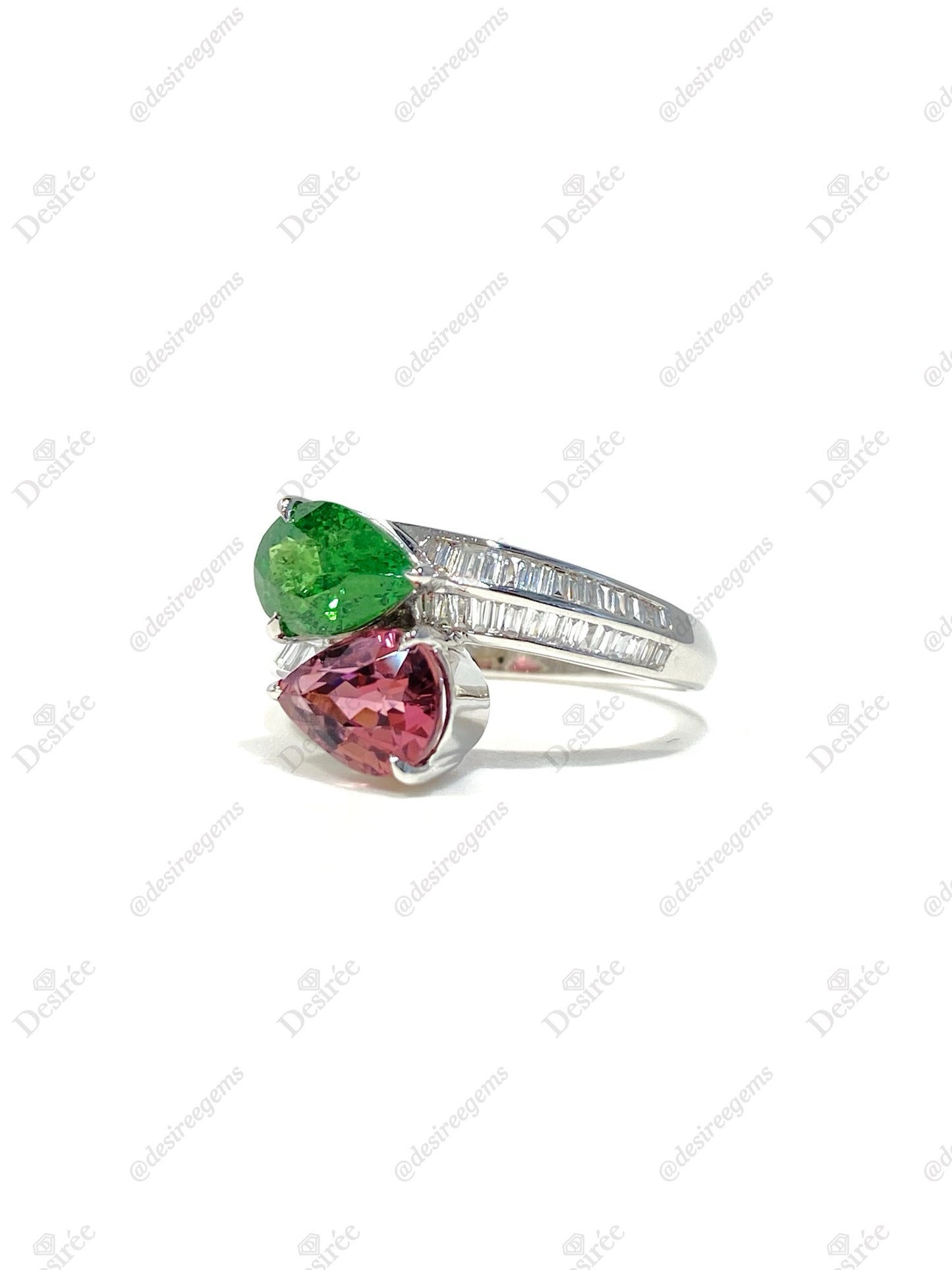 Natural Green Garnet Tsavorite 1.27ct and Tourmaline 1.32ct Ring