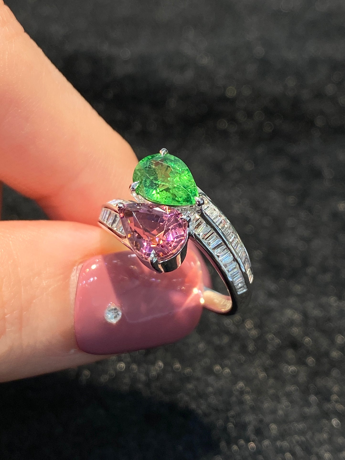 Natural Green Garnet Tsavorite 1.27ct and Tourmaline 1.32ct Ring