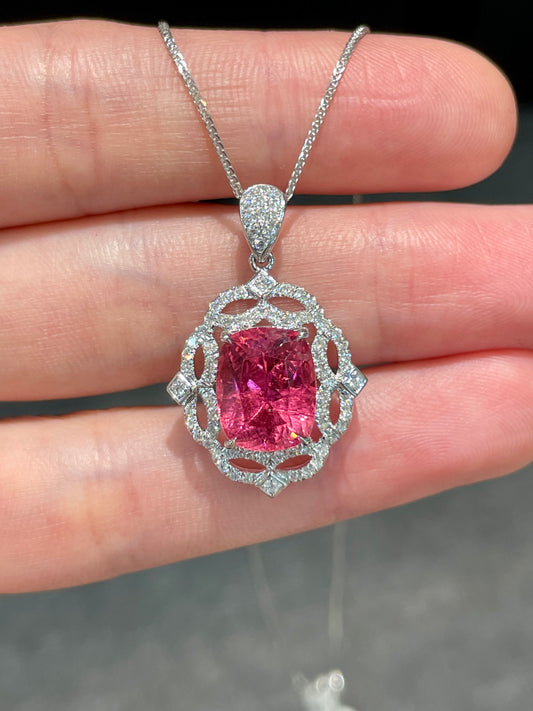 Natural Pink Tourmaline 3.71ct Necklace With Natural Diamonds In 18K White Singapore Gemstone Fine Jewelry