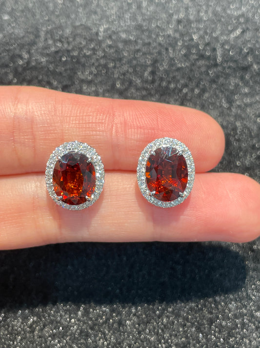 Natural Red Garnet 7.04ct Earrings Set With Natural Diamonds In 18K White Gold Gemstone Singapore Fine Jewellery