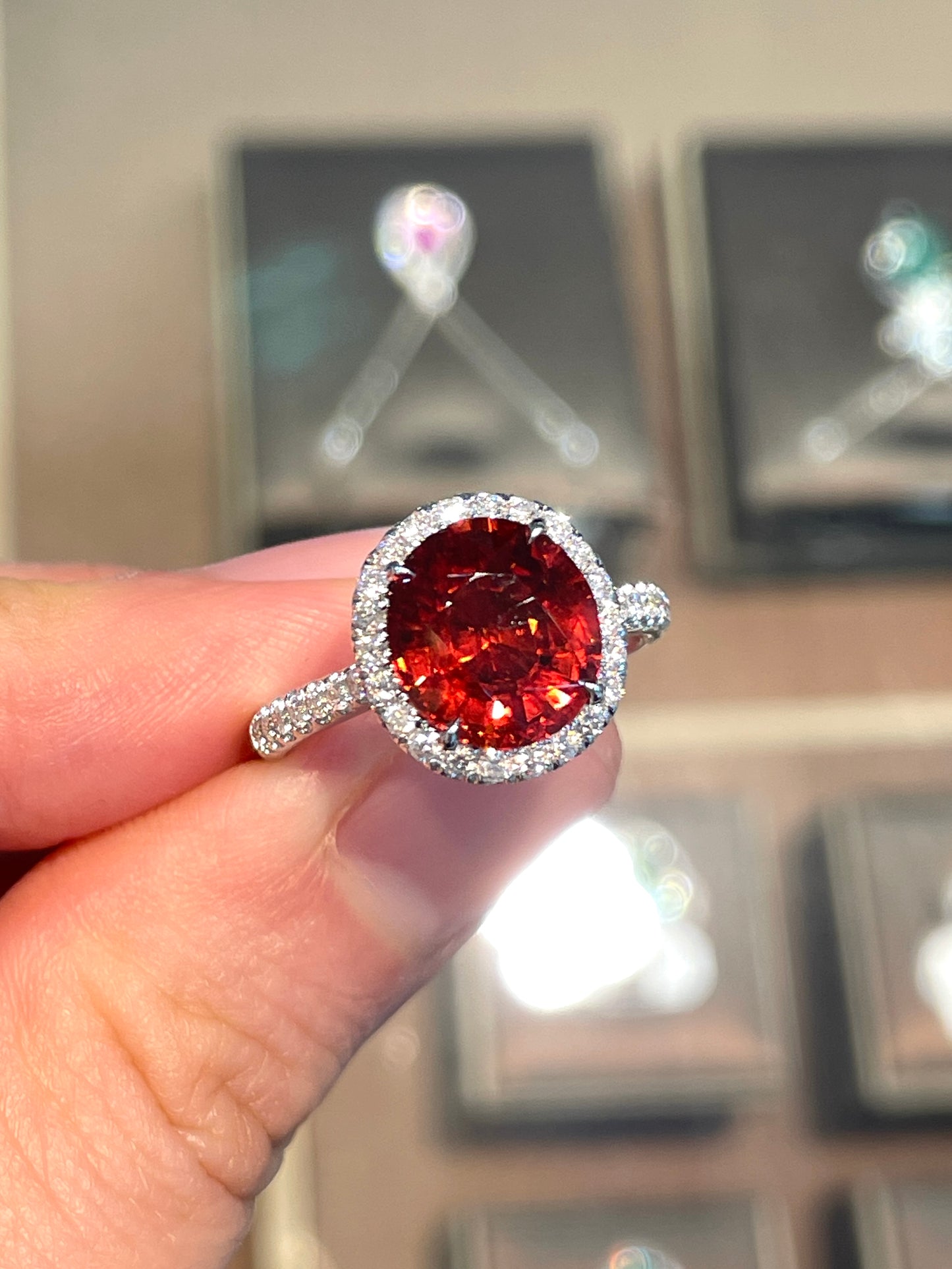 Natural Orangy Red Garnet 3.78ct Ring Set With Natural Diamonds in 18K White Gold Gemstone Fine Jewellery Singapore