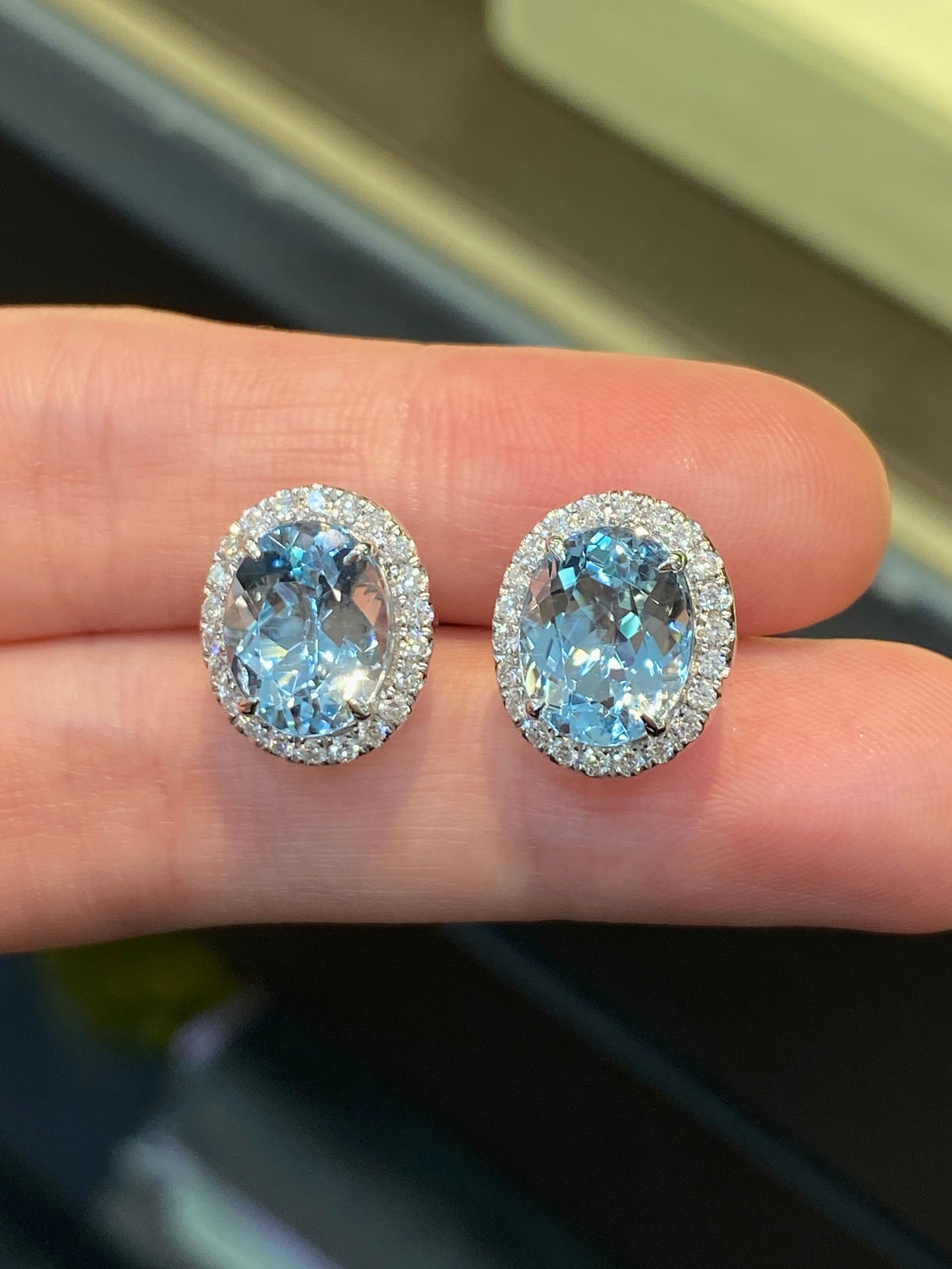 Natural Aquamarine Earrings 5.50ct Set With Natural Diamonds In 18K White Gold Singapore Gemstone Fine Jewellery