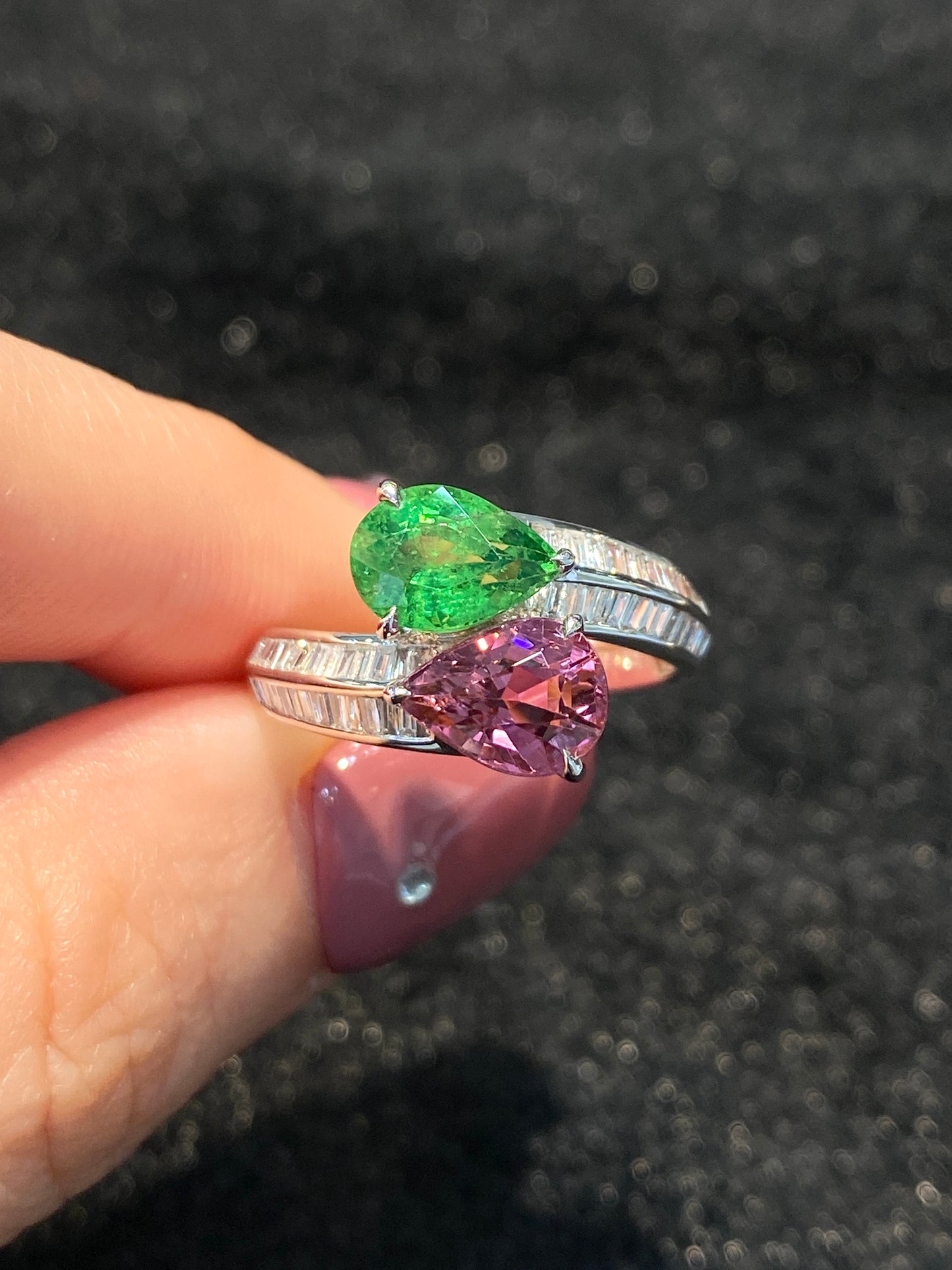 Natural Green Garnet Tsavorite 1.27ct and Tourmaline 1.32ct Ring