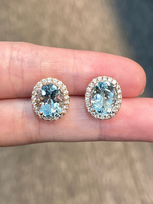 Natural Aquamarine Earrings 5.33ct Set With Natural Diamonds In 18K Rose Gold Singapore Gemstone Fine Jewellery