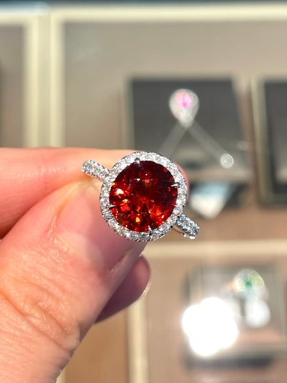 Natural Orangy Red Garnet 3.78ct Ring Set With Natural Diamonds in 18K White Gold Gemstone Fine Jewellery Singapore