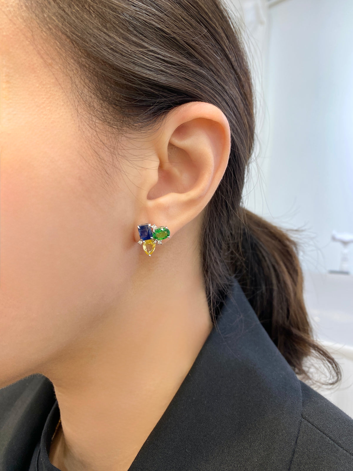 Natural Blue Sapphire, Yellow Sapphire & Green Garnet Earrings