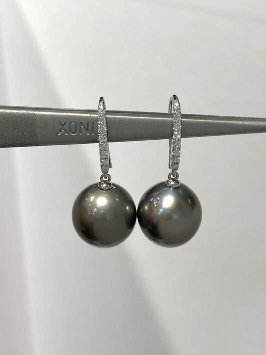 Tahitian Pearl Earrings Set With Natural Diamonds In 18K White Gold Singapore Gemstone Fine Jewellery