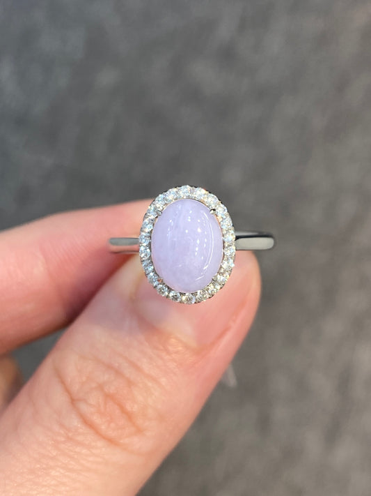 Natural Type A Lavender Jadeite Ring Set With Natural Diamonds In 18K White Gold