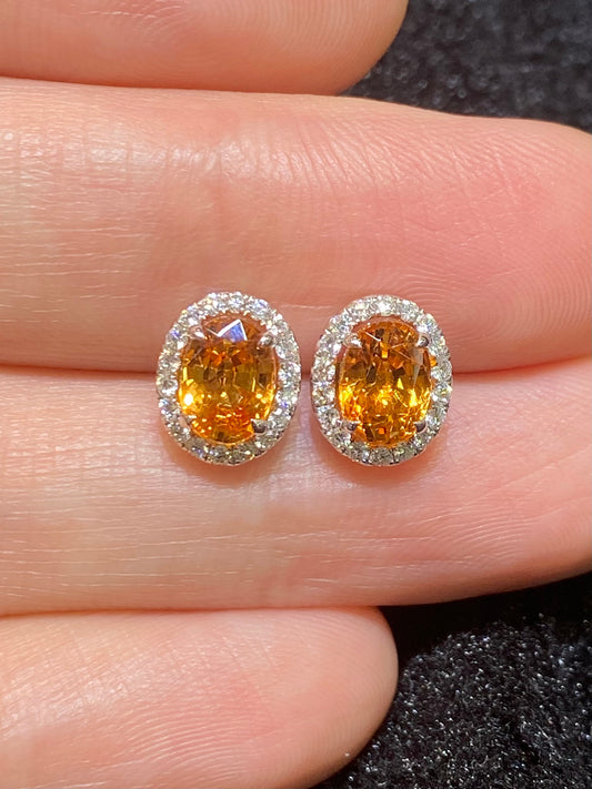 Natural Mandarin Orange Garnet 2.85ct Earrings Set With Natural Diamonds 0.31ct In 18K White Gold Gemstone Fine Jewellery Singapore