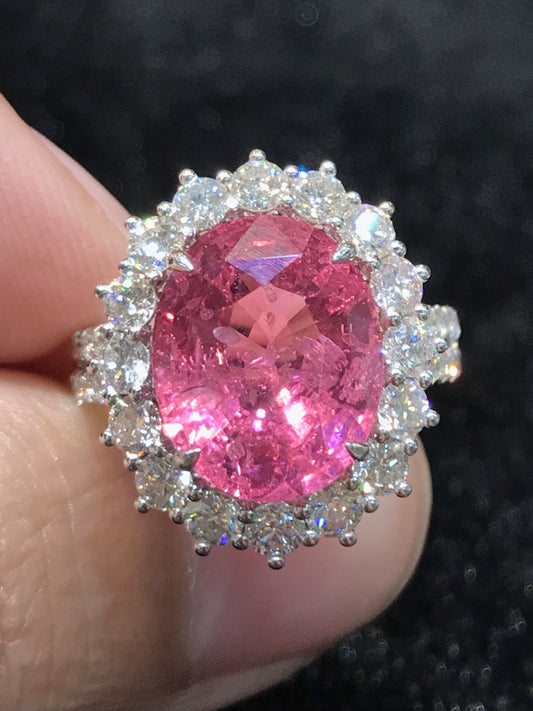 Natural Mahenge Pink Spinel 7.16ct Ring Set With Natural Diamonds 1.76ct In 18K White Gold Gemstone Fine Jewellery
