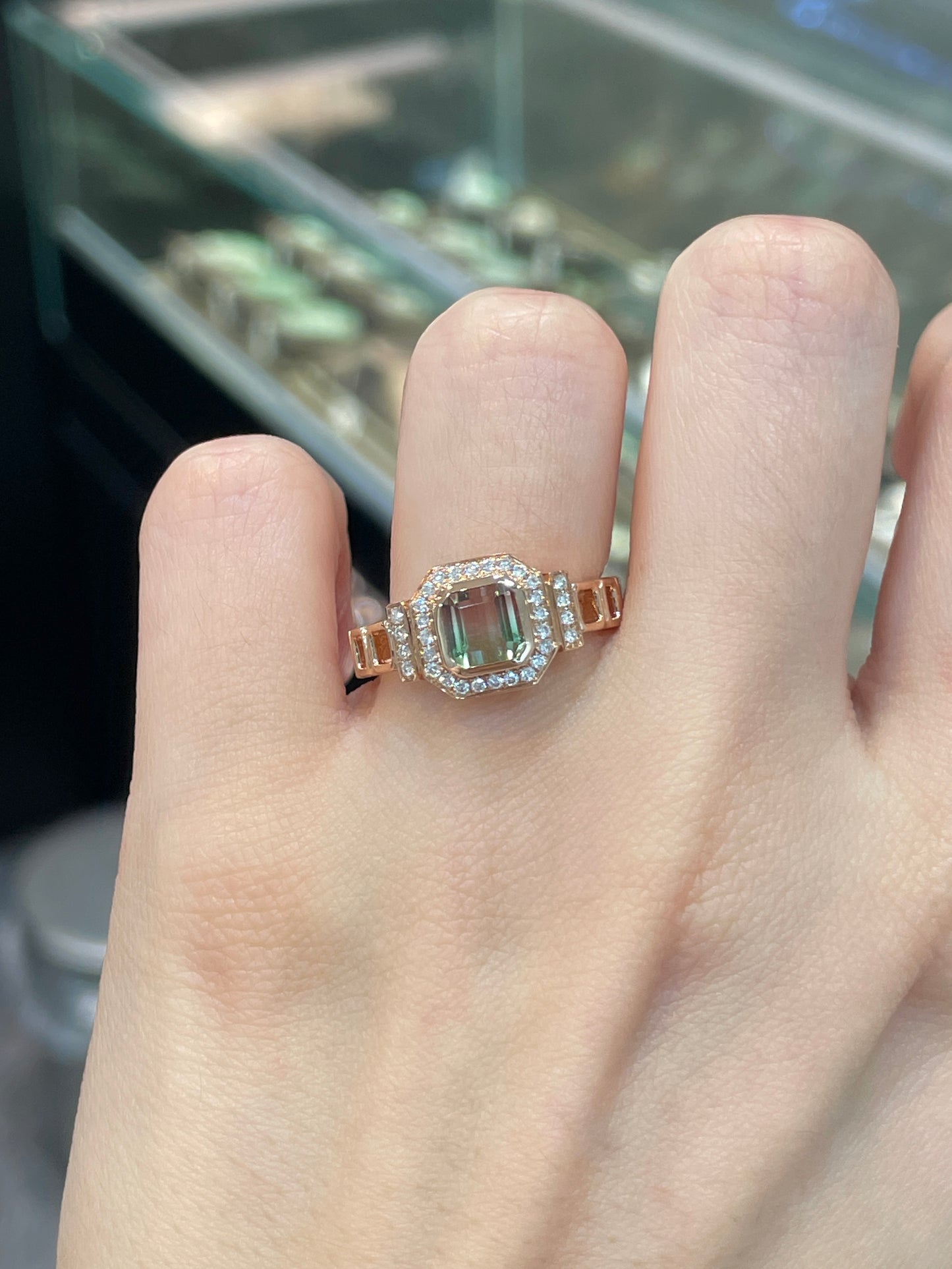 Natural Bi-color Tourmaline 1.28ct Ring set with natural diamond in 18k Rose Gold Ring Fine Jewellery