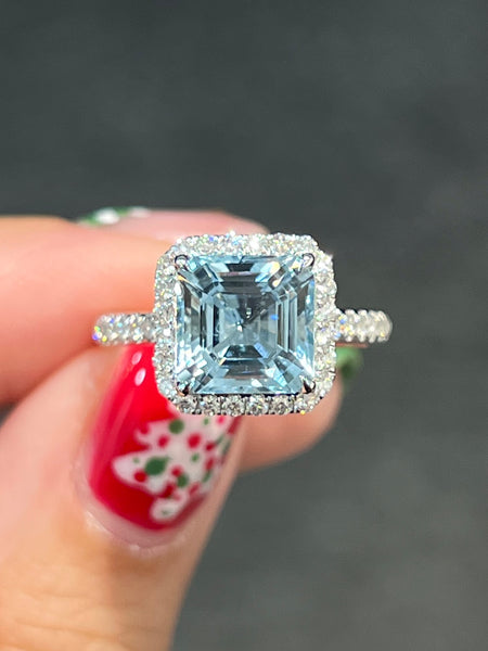 Natural Aquamarine 4.10ct Ring Set With Natural Diamonds In 18K White Gold Singapore Gemstone Fine Jewellery