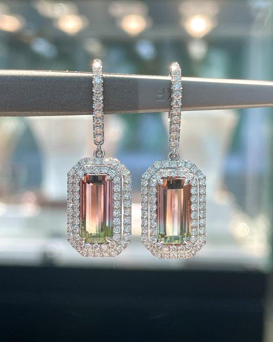 Natural Bi-Color Tourmaline 6.98ct Earrings Set With Natural Diamonds In 18K White Gold Singapore Gemstone Fine Jewellery