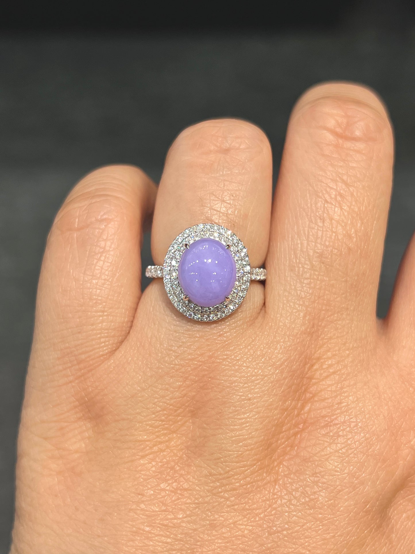 Natural Type A Lavendar Jadeite 3.72ct Ring Set With Natural Diamonds In 18K White Gold