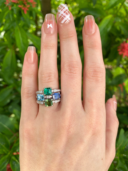 Natural Emerald Sapphire Tourmaline Aquamarine Cluster Ring