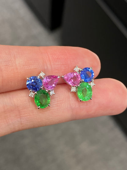 Blue, Pink Sapphire & Green Garnet Earrings