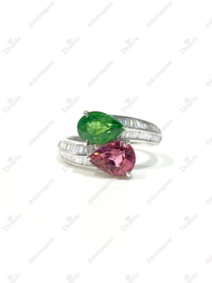 Natural Green Garnet Tsavorite 1.27ct and Tourmaline 1.32ct Ring