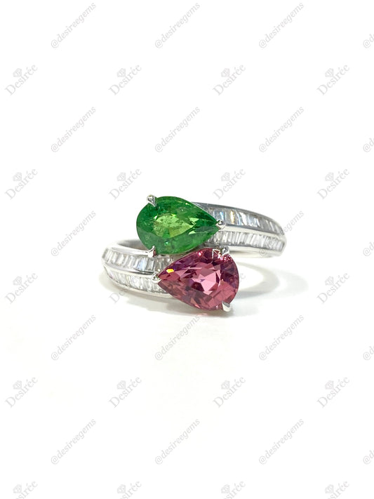 Natural Green Garnet Tsavorite 1.27ct and Tourmaline 1.32ct Ring