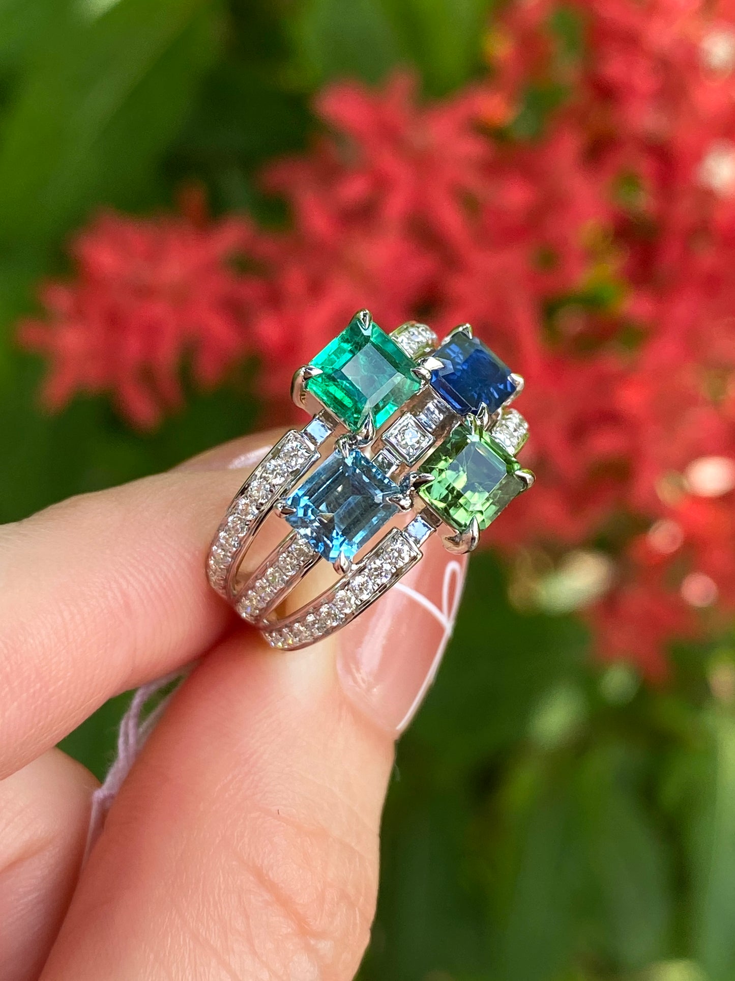 Natural Emerald Sapphire Tourmaline Aquamarine Cluster Ring