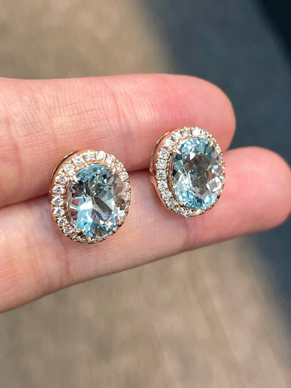Natural Aquamarine Earrings 5.33ct Set With Natural Diamonds In 18K Rose Gold Singapore Gemstone Fine Jewellery