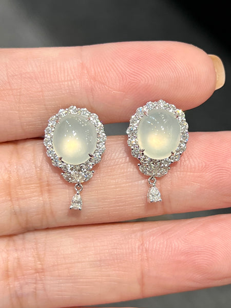 Natural Type A Icy Jadeite Earrings Set With 1.17ct Natural Diamonds Singapore Gemstone Fine Jewelry