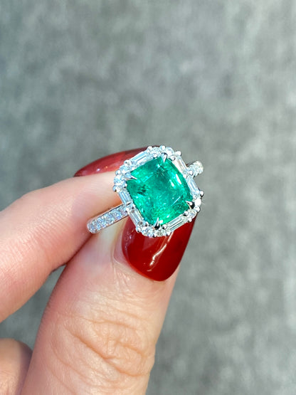 Natural Emerald 2.33ct Ring set with Natural Diamonds in 18K White Gold Singapore Gemstone Fine Jewelry