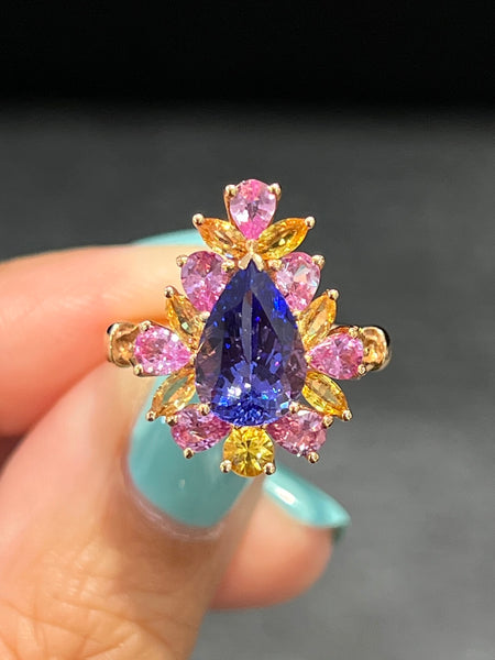 Natural Tanzanite 2.30ct Cluster Ring Set With Natural Sapphires and Diamonds In 18K Rose Gold Singapore Gemstone Fine Jewellery