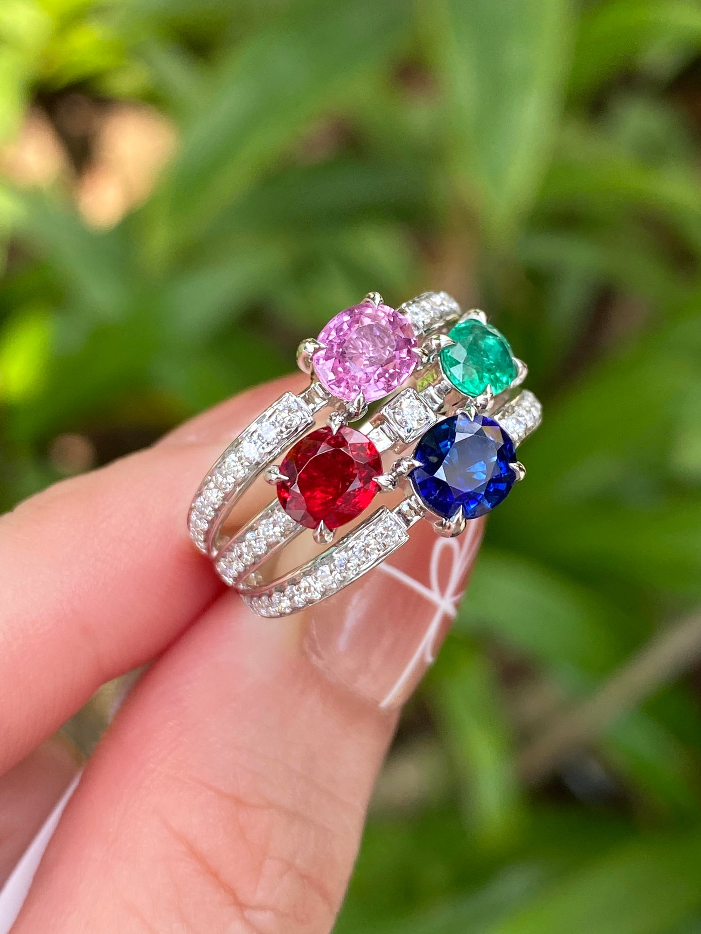 Natural Sapphire Emerald Spinel Cluster Ring