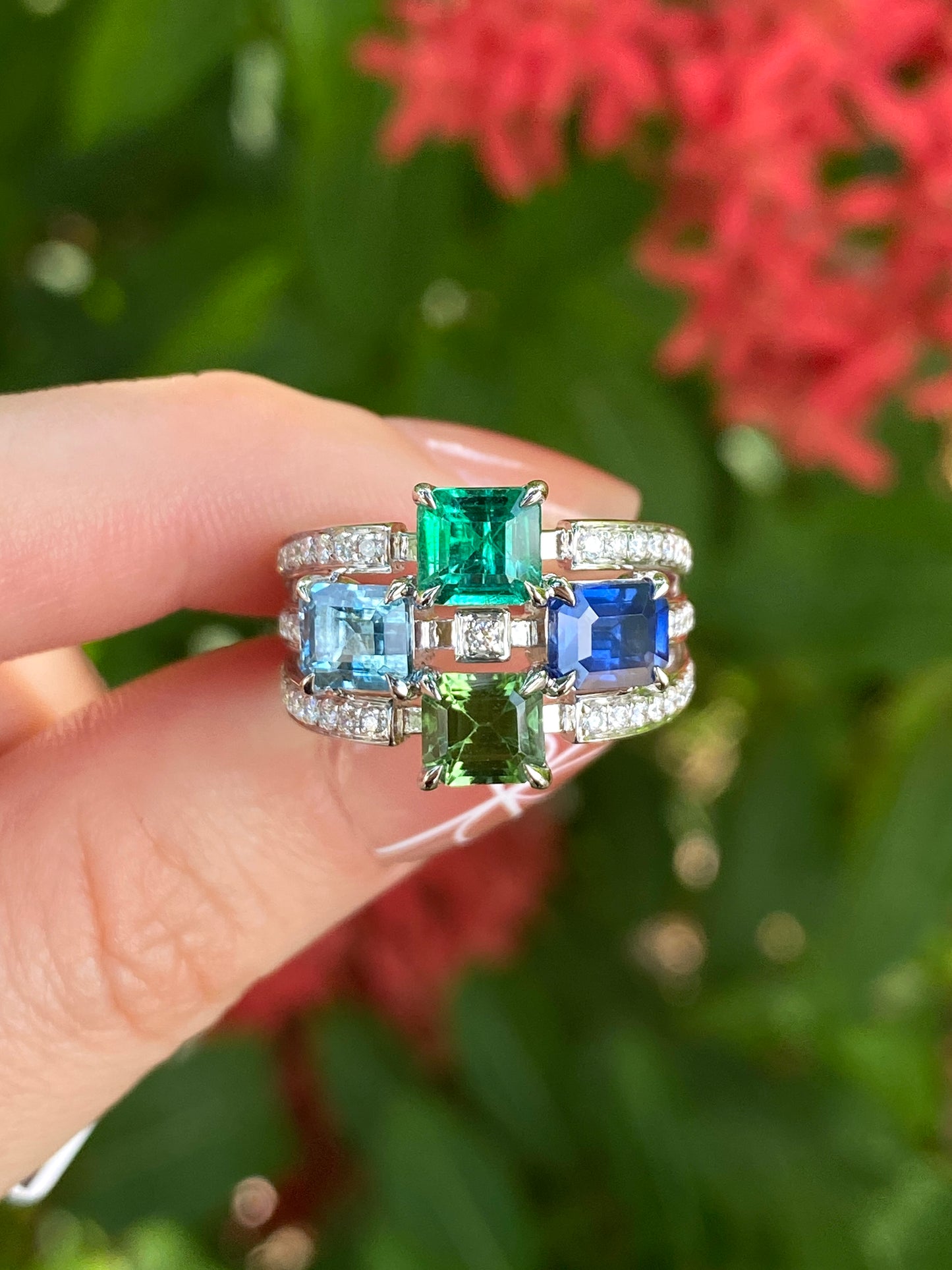 Natural Emerald Sapphire Tourmaline Aquamarine Cluster Ring