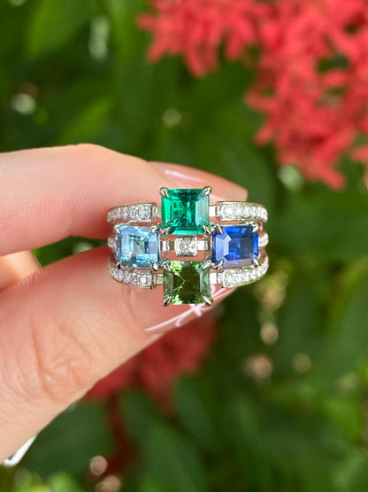 Natural Emerald Sapphire Tourmaline Aquamarine Cluster Ring