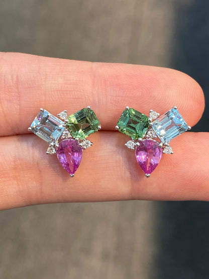 Natural Pink Sapphire, Aquamarine & Tourmaline Earrings