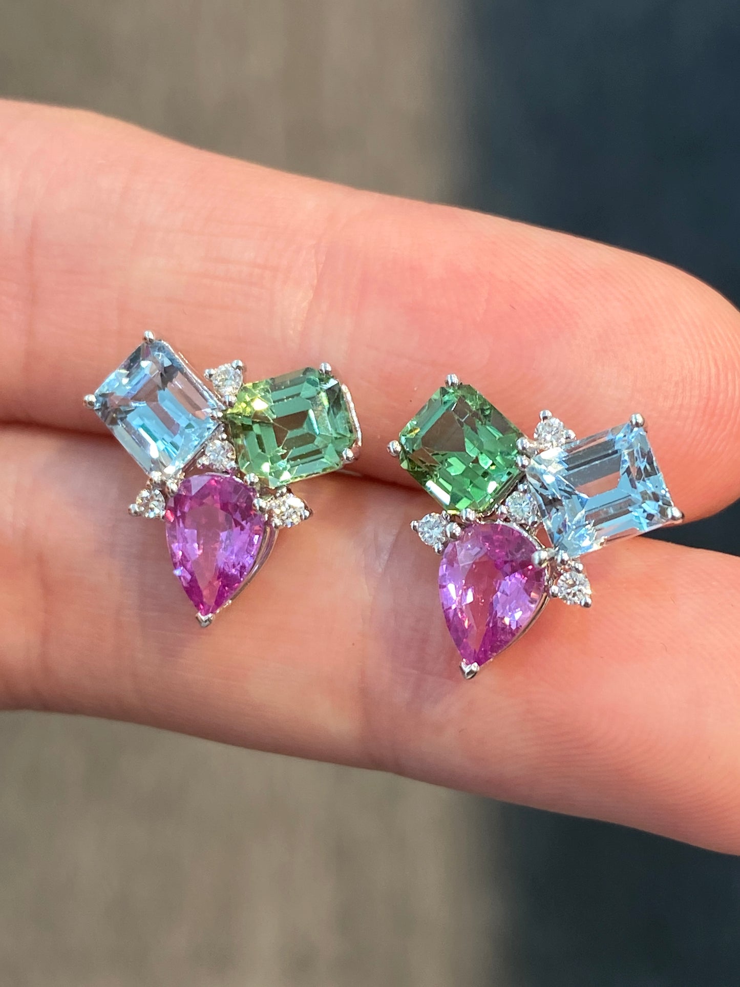 Natural Pink Sapphire, Aquamarine & Tourmaline Earrings