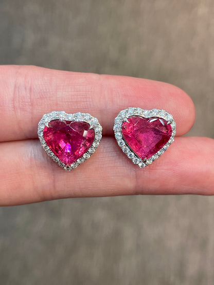 Natural Pink Tourmaline Earrings 6.98ct set with natural diamonds in 18k white gold
