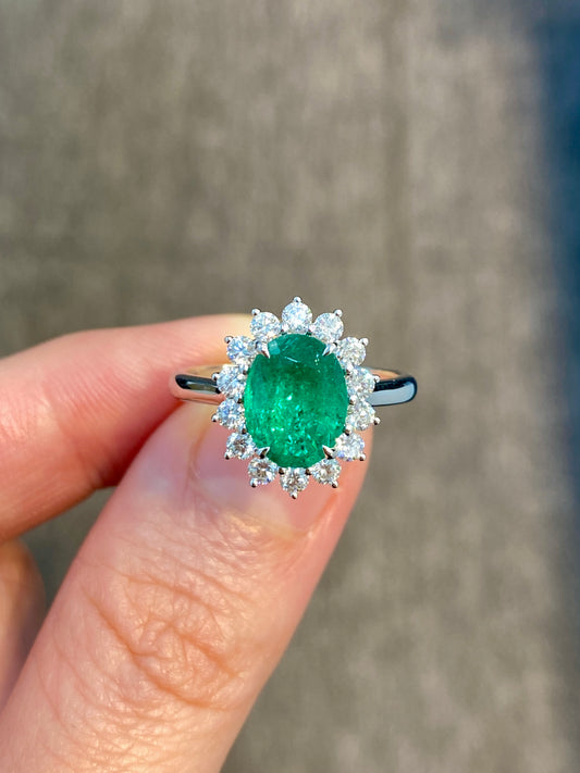 Natural Emerald 1.71ct Ring set with Natural Diamonds in 18K White Gold Singapore Gemstone Fine Jewelry