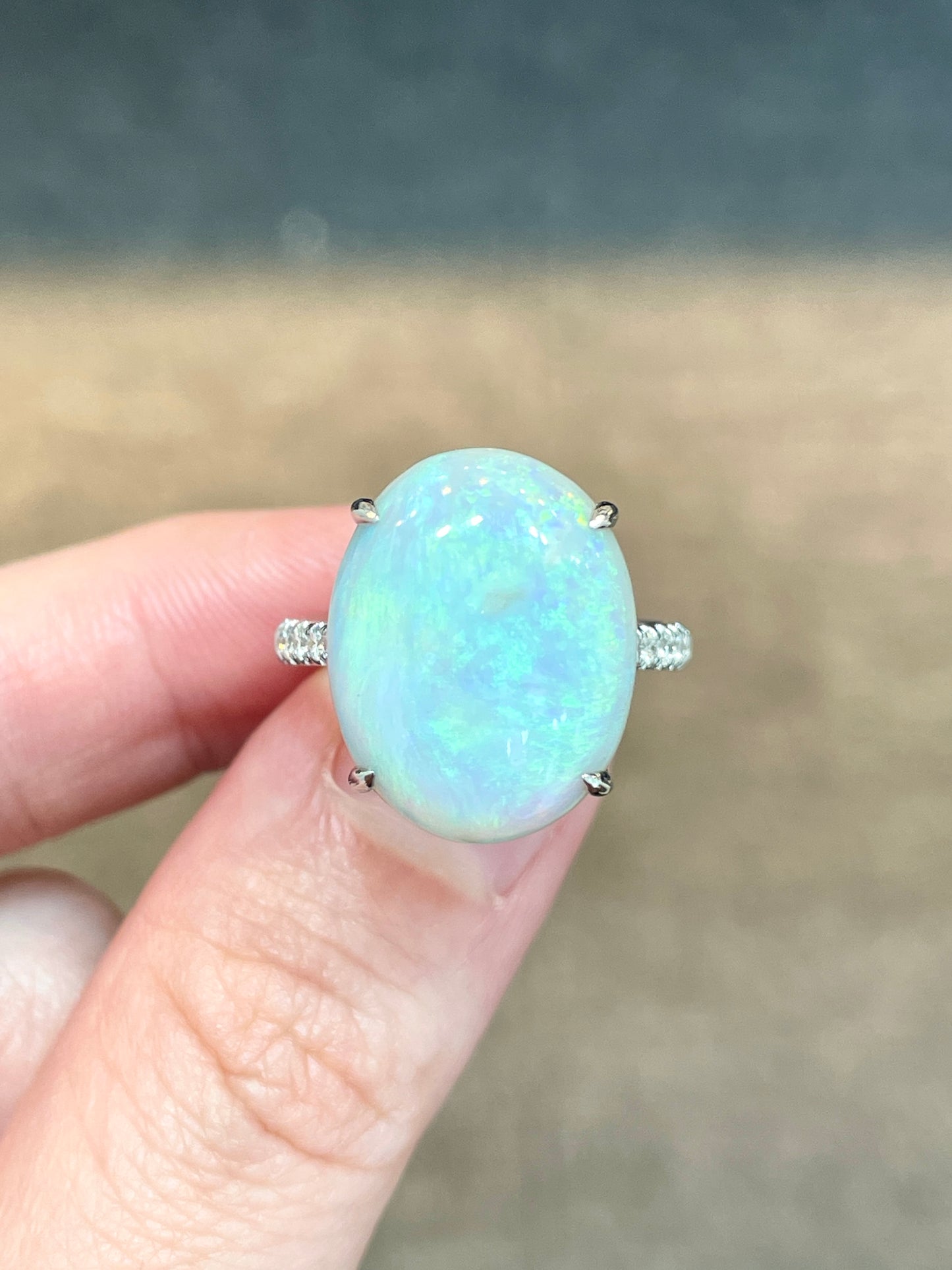 Natural Opal 7.03ct Ring Set With Natural Diamonds In 18K White Gold Singapore Gemstone Fine Jewellery
